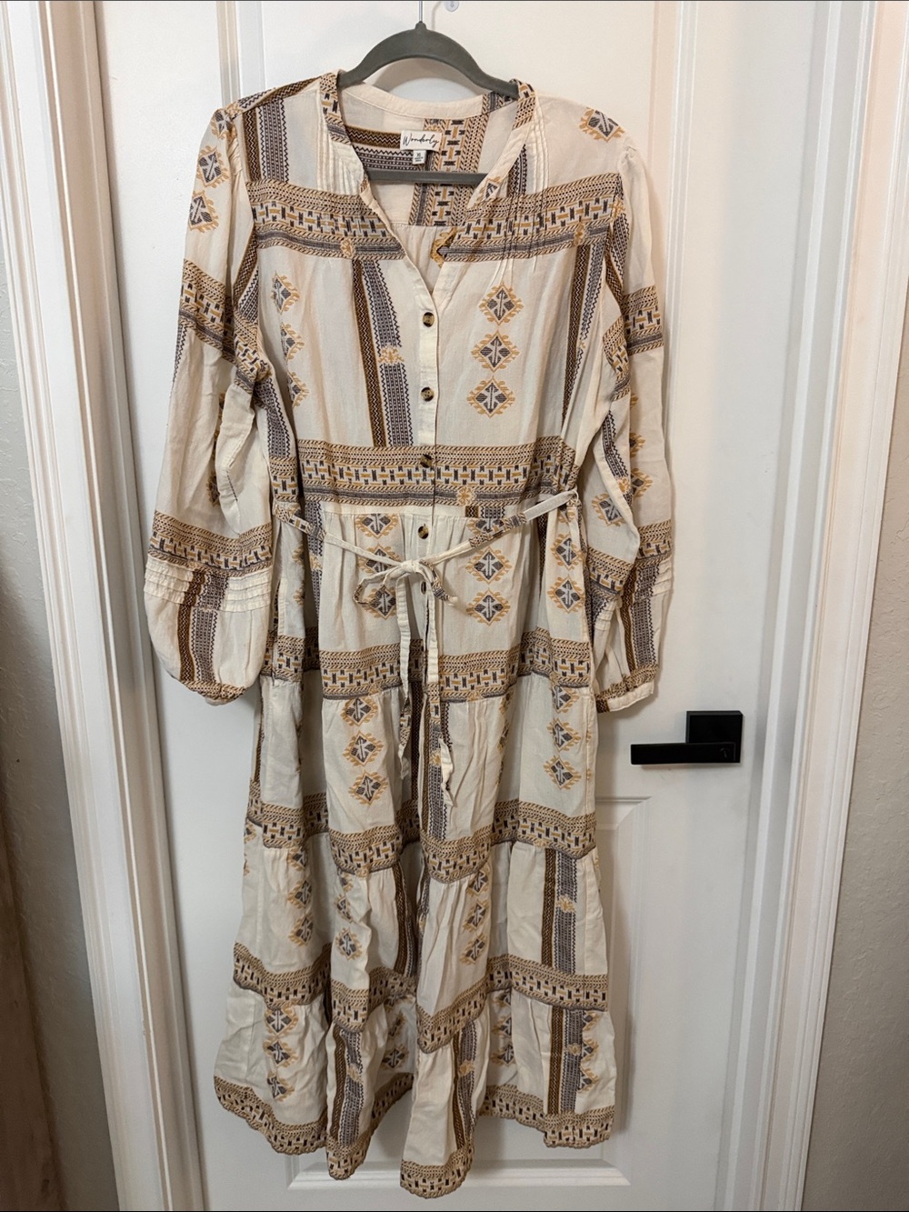 Wonderly Cream Maxi Dress with Brown & Tan Geometric Print